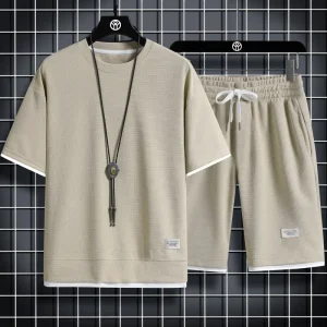 Summer Mens Waffle Sets Casual T-Shirt And Shorts Size 3XL