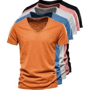 men's new solid color V-neck pure cotton short sleeved T-shirt